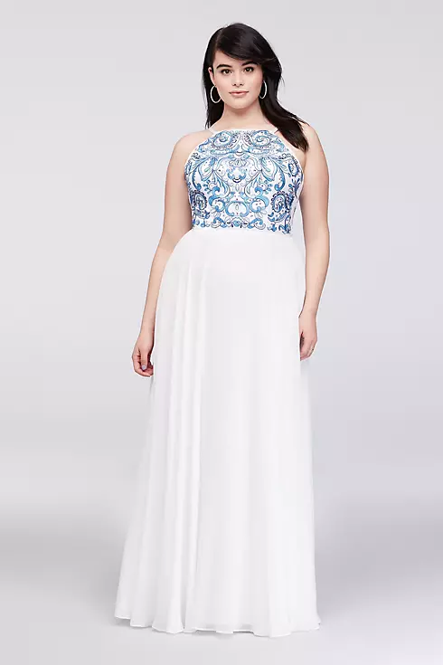 Embroidered High-Neck Chiffon Gown Image 1