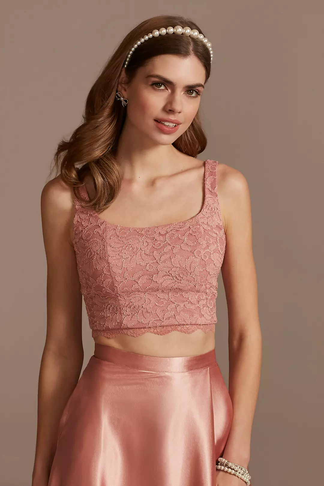 Glitter Lace Crop Top and Satin Split Skirt Set