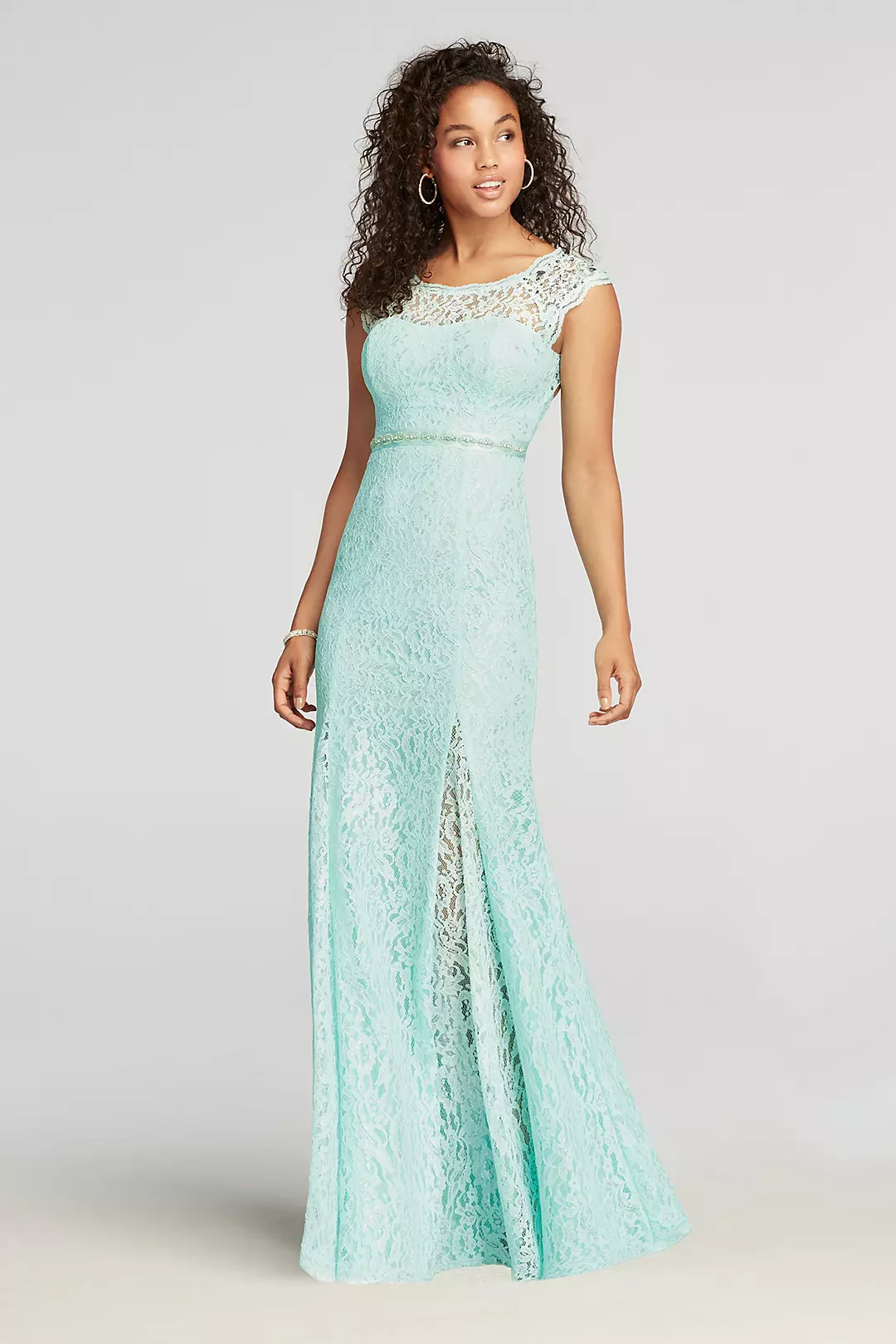 Lace Cap Sleeve Prom Dress with Beaded Waist Image
