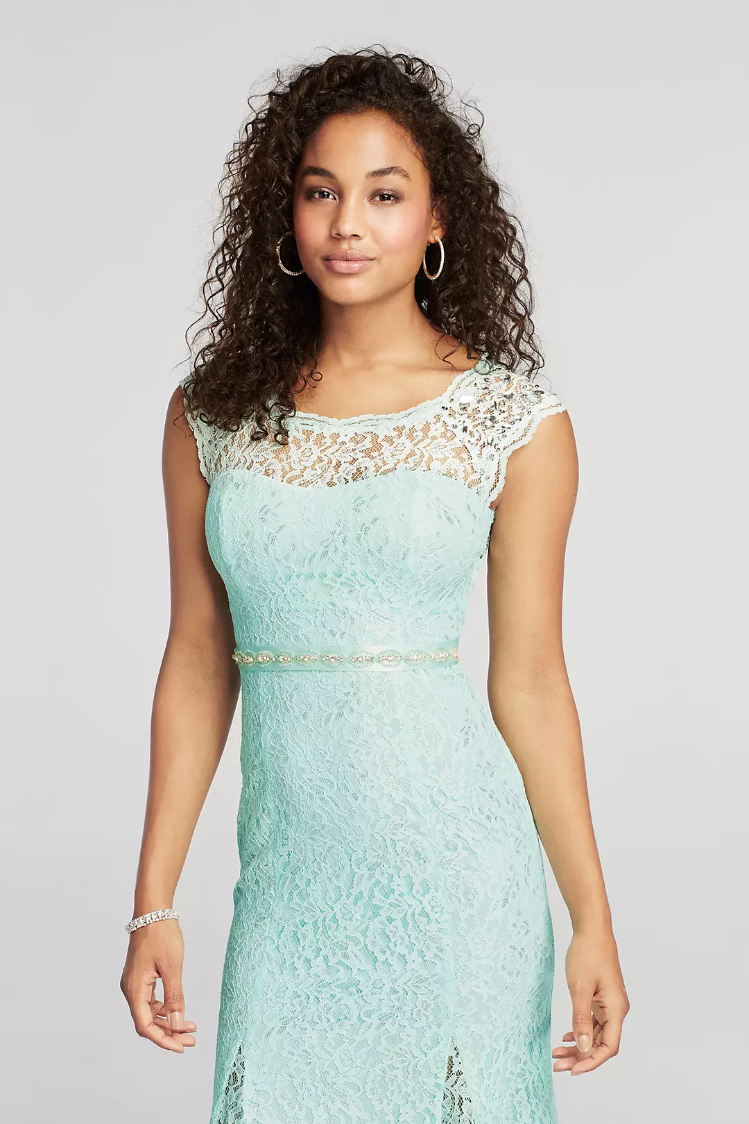 Lace Cap Sleeve Prom Dress with Beaded Waist Image 3