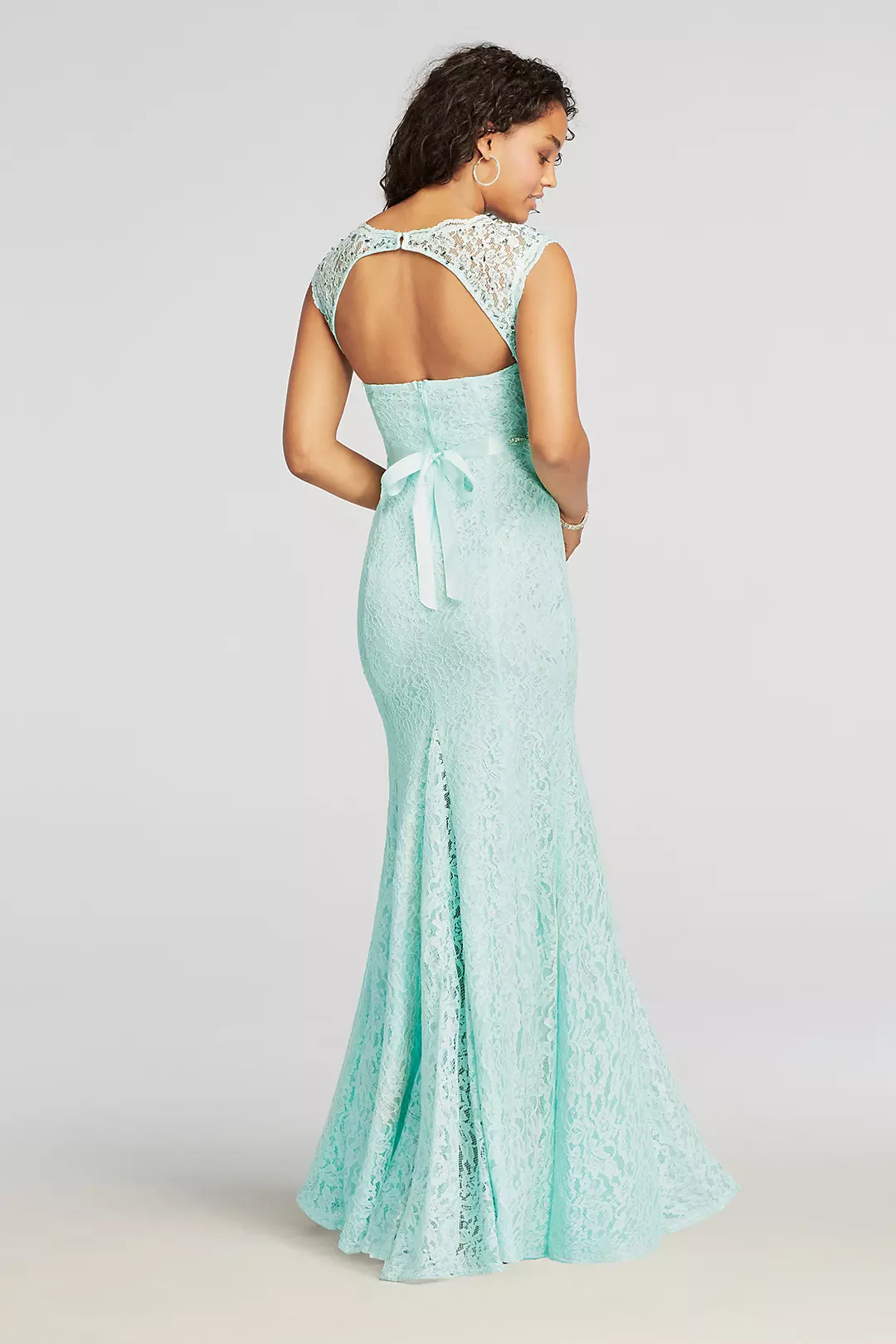 Lace Cap Sleeve Prom Dress with Beaded Waist Image 2