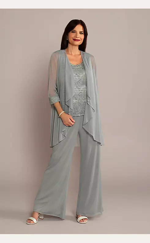 3-Piece Pantsuit with Beaded Tank and Flowy Jacket Image 1