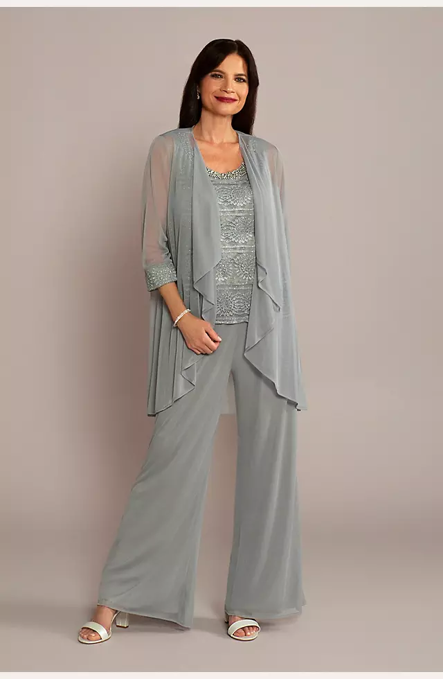 3-Piece Pantsuit with Beaded Tank and Flowy Jacket Image