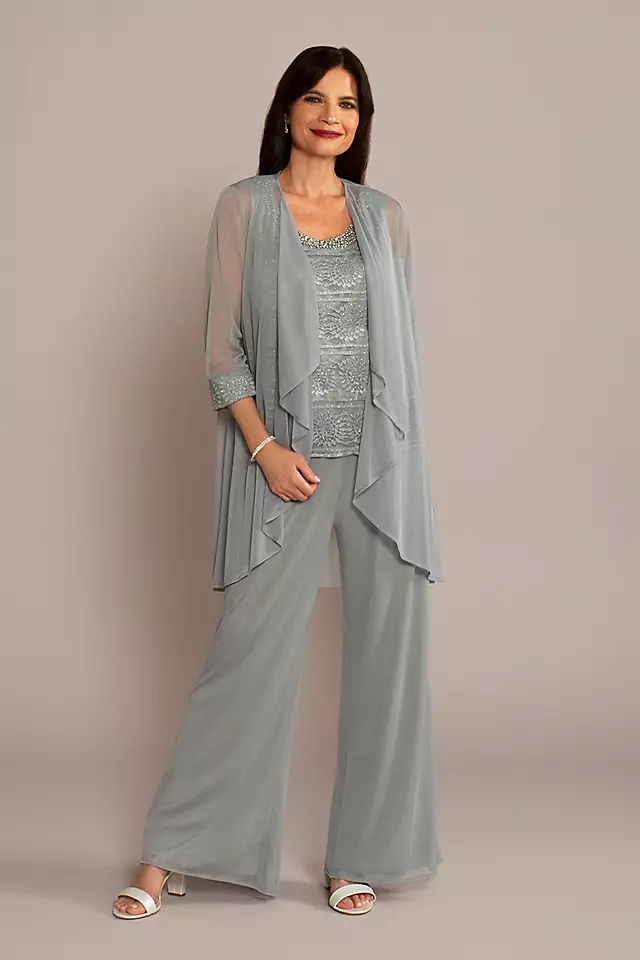 3-Piece Pantsuit with Beaded Tank and Flowy Jacket Image