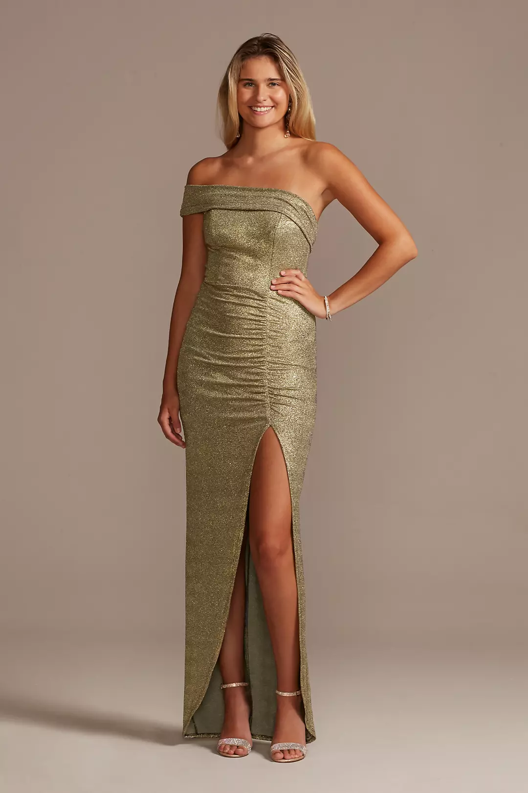 One Shoulder Metallic Ruched Dress with Skirt Slit Image