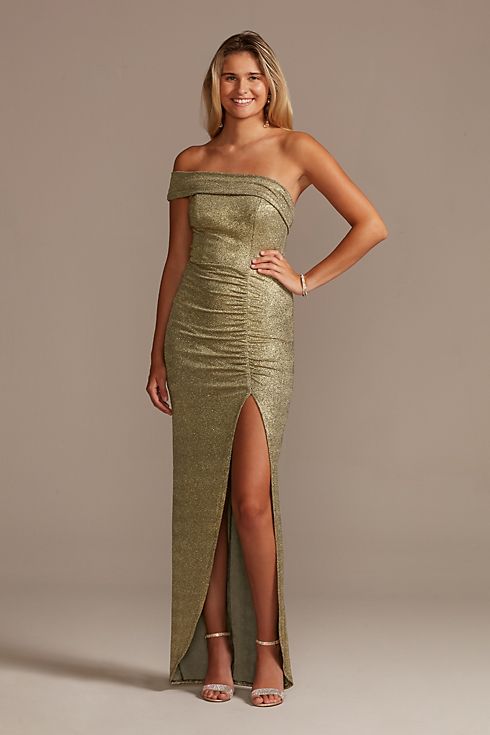 One Shoulder Metallic Ruched Dress with Skirt Slit Image 1