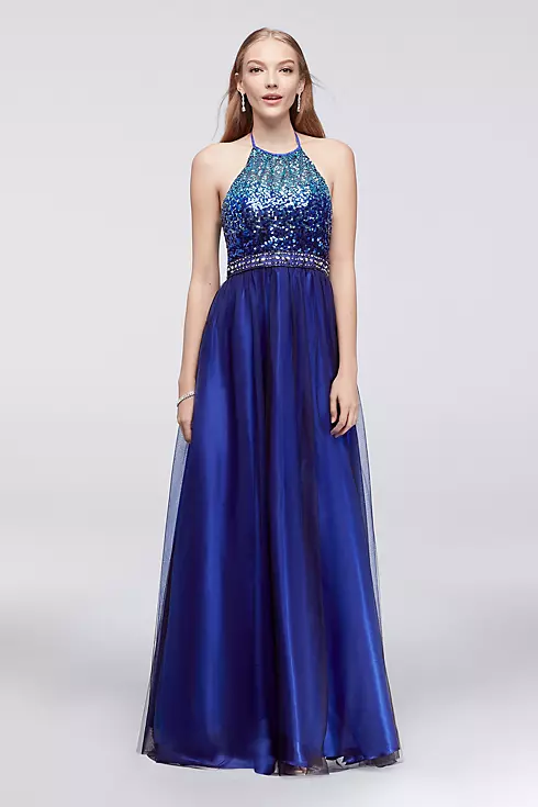 Ombre Sequin Halter Dress with Beaded Waist Image 1