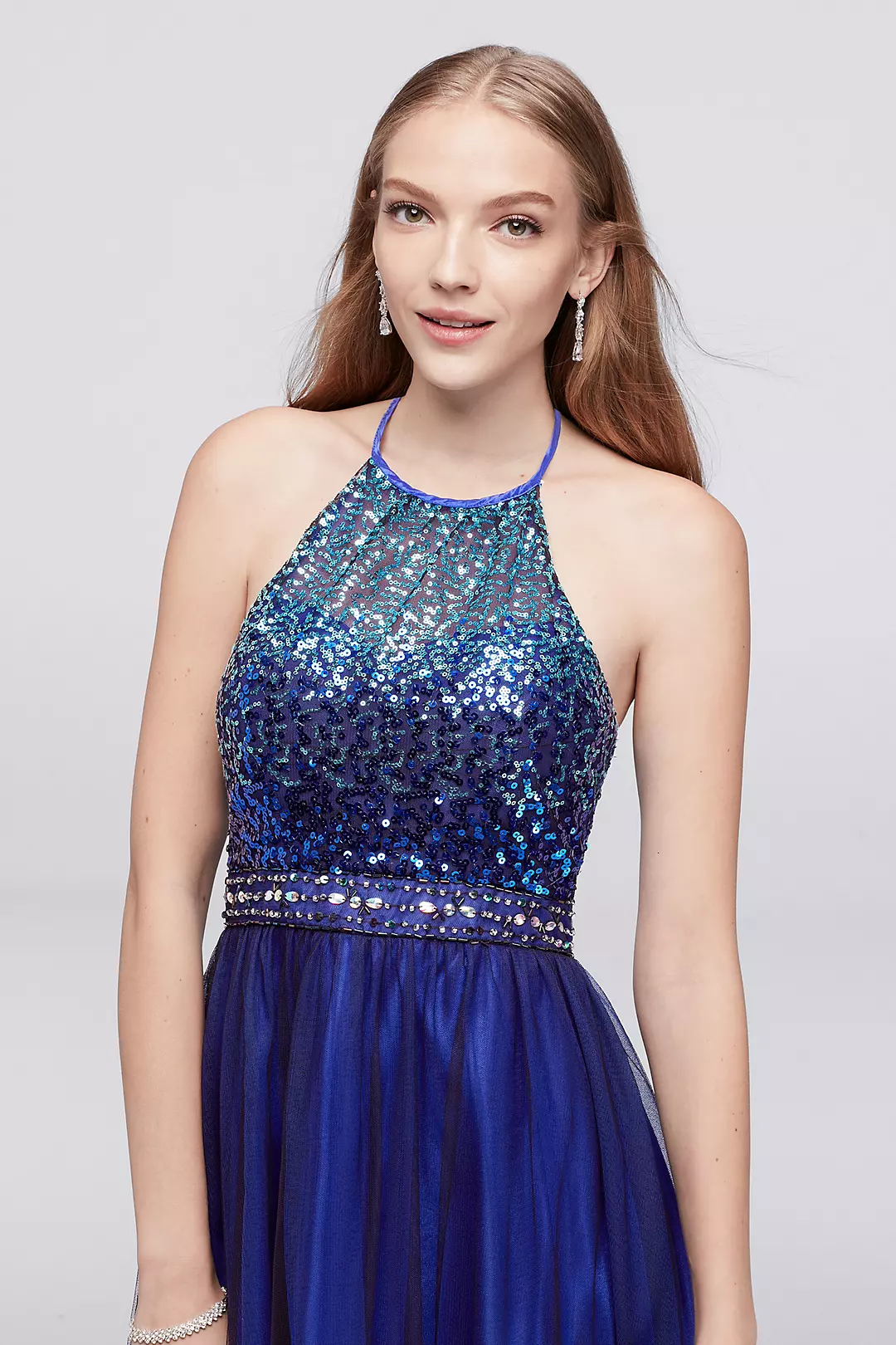 Ombre Sequin Halter Dress with Beaded Waist Image 3