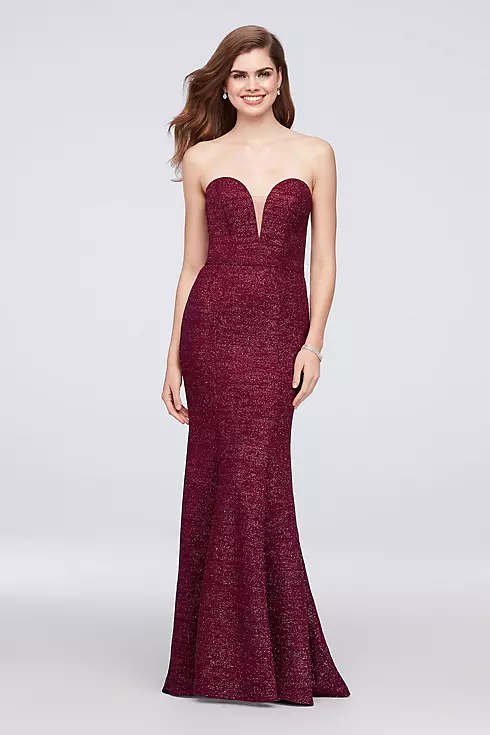 Strapless Plunge Glitter Knit Mermaid Gown  Image 1