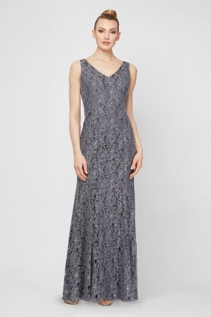 Metallic Lace Sheath Dress with Removable Capelet | David's Bridal