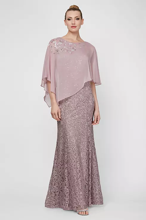 Long Sequin Lace Mermaid Dress with Beaded Capelet Image 1