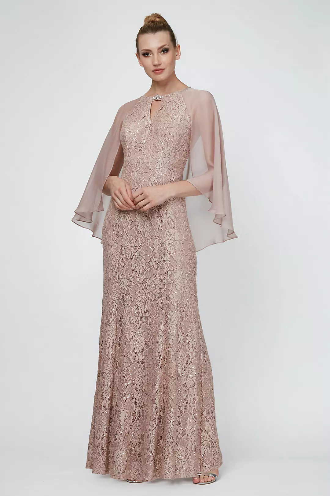 Sequin Lace Capelet Dress with Beaded Cutout Image