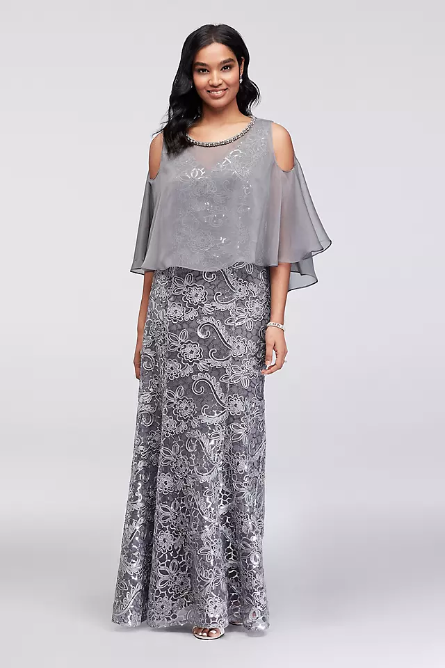 Sequined Lace Sheath and Cold-Shoulder Capelet Image