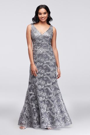 Sequined Lace Sheath and Cold-Shoulder Capelet | David's Bridal