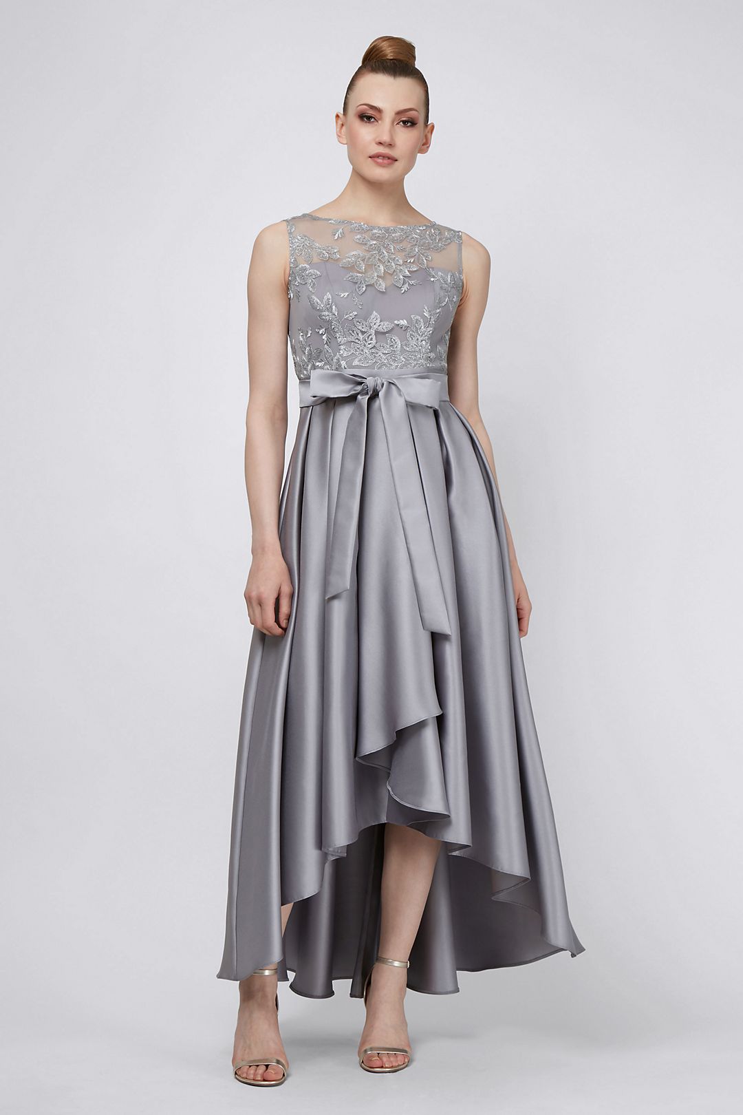 Sleeveless Glitter Lace and Mikado High-Low Gown Image 2