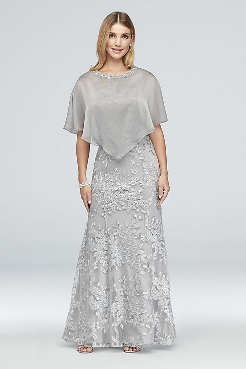 Metallic Embroidered Floral Mermaid Dress and Cape Image