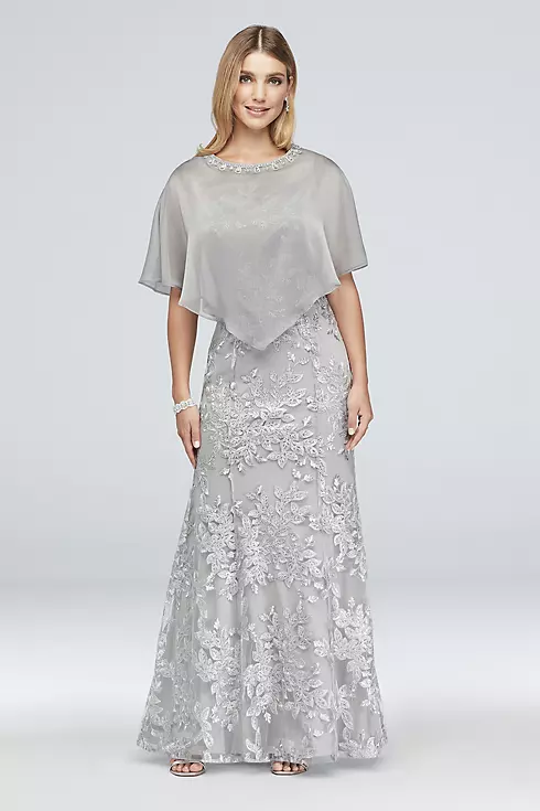 Metallic Embroidered Floral Mermaid Dress and Cape Image 1