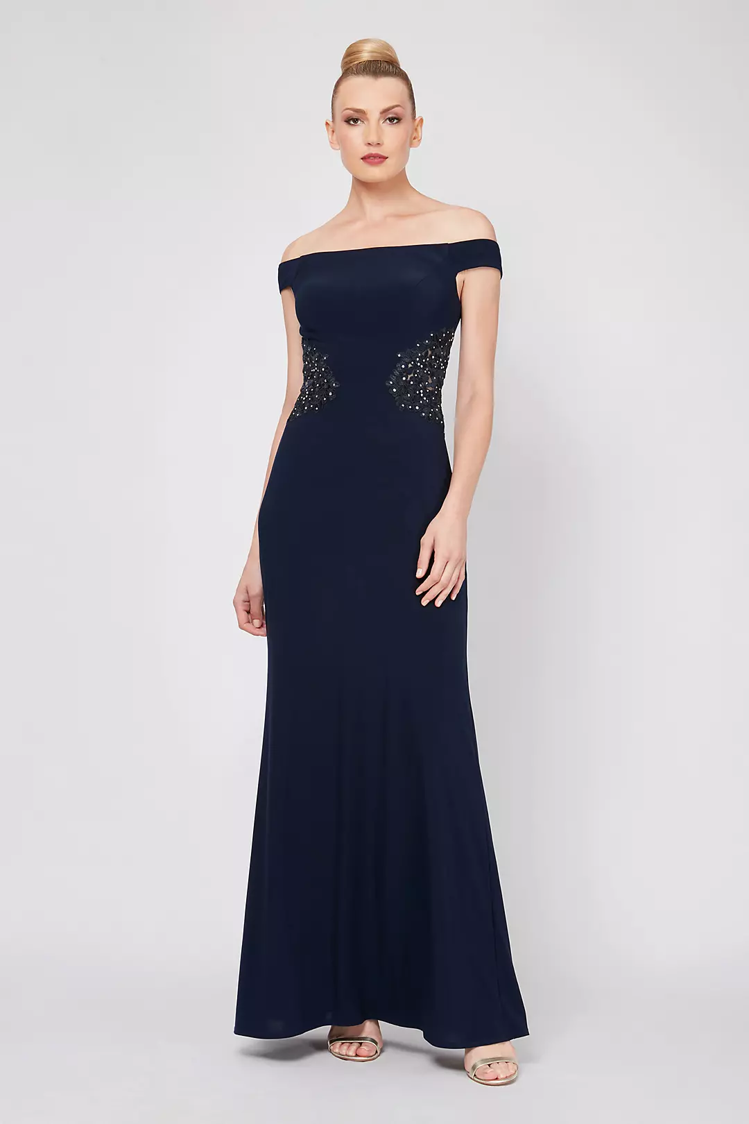 Off-the-Shoulder Sheath Dress with Sequin Waist | David's Bridal Off-the-Shoulder Sheath Dress with Sequin Waist | David's Bridal