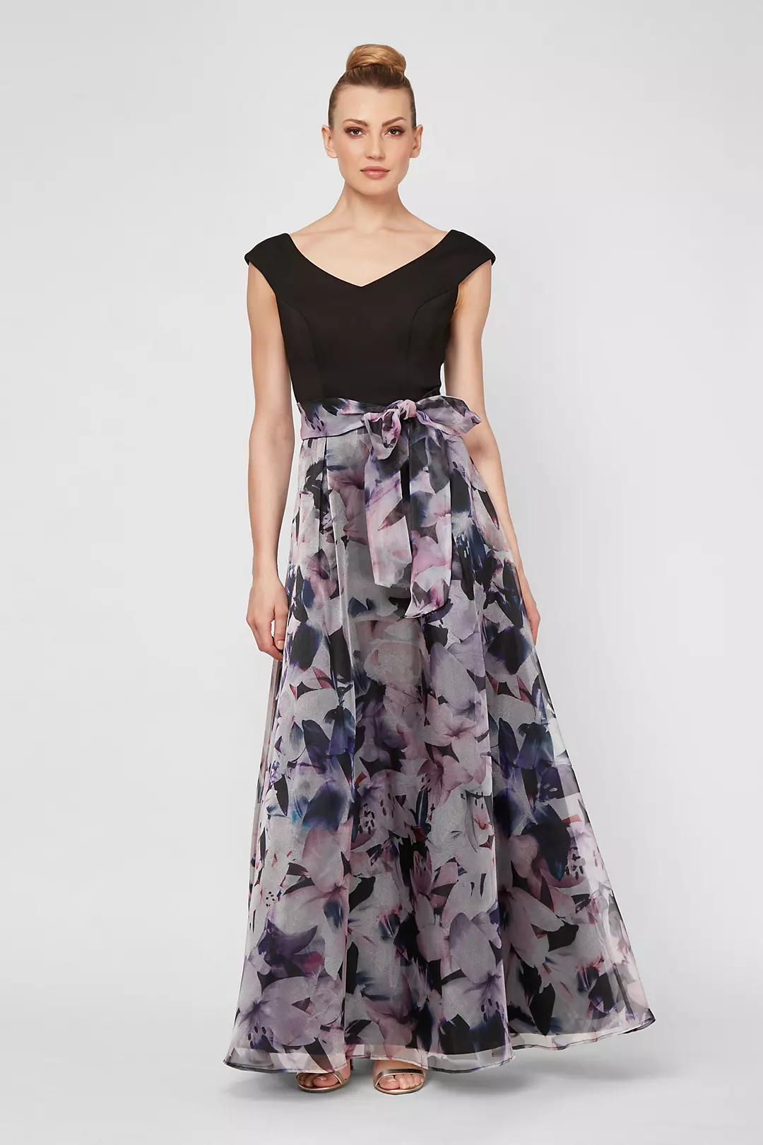 Cap Sleeve Ball Gown with Printed Organza Skirt Image