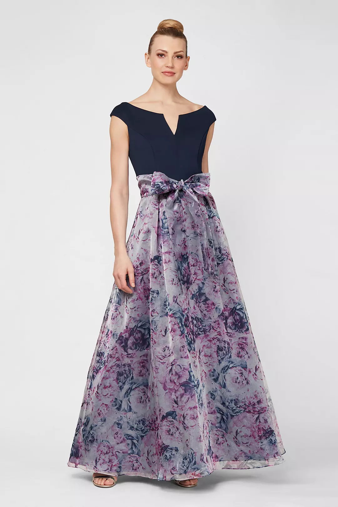 Notched Off-the-Shoulder Floral Organza Ball Gown Image