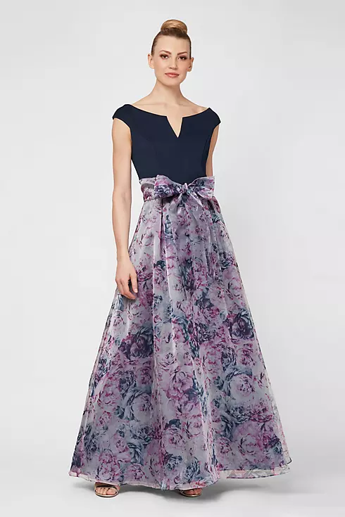 Notched Off-the-Shoulder Floral Organza Ball Gown Image 1