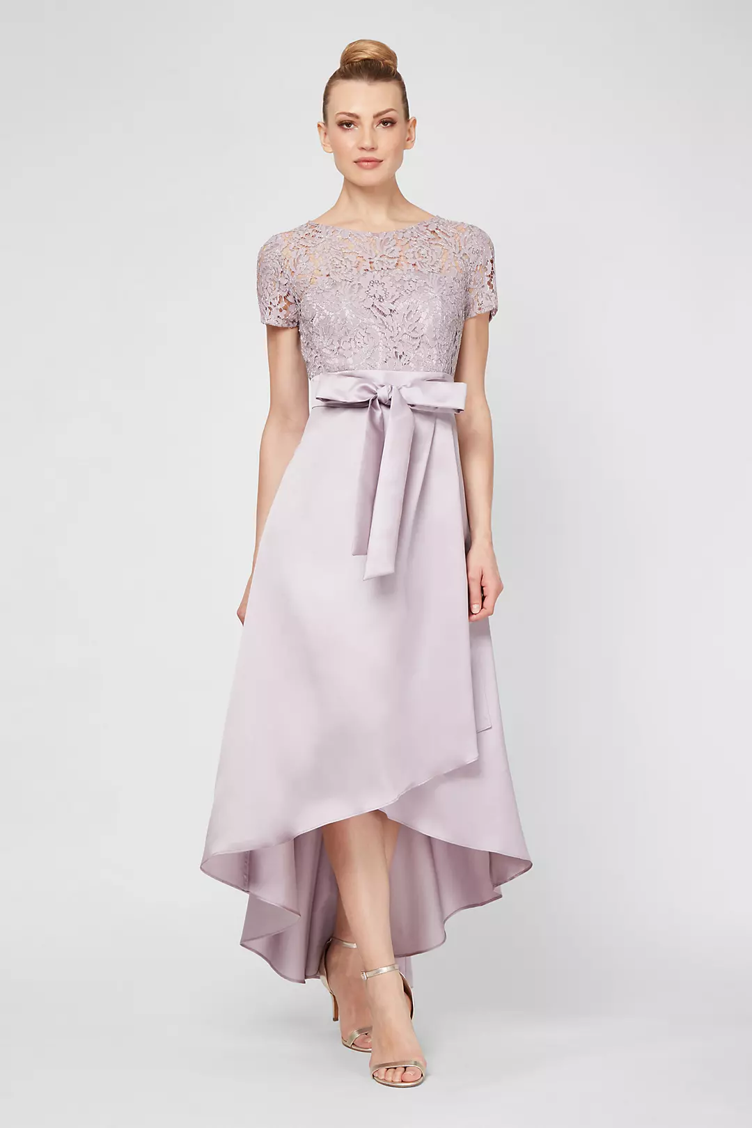 Short Sleeve Lace and Mikado High-Low Gown Image