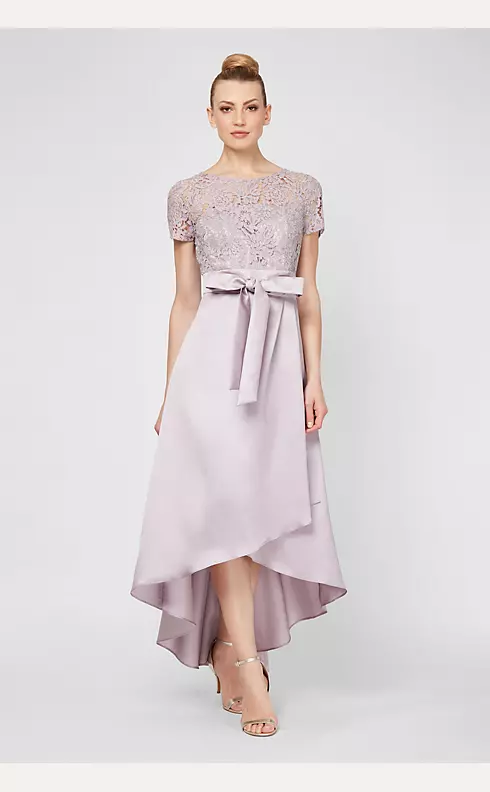 Short Sleeve Lace and Mikado High-Low Gown Image 1