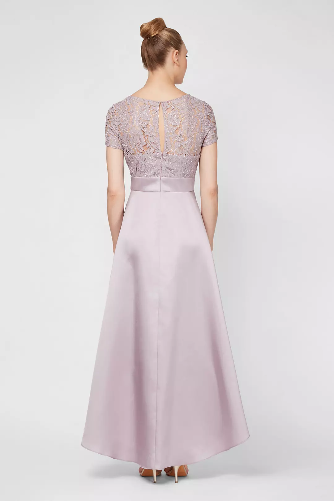 Short Sleeve Lace and Mikado High-Low Gown Image 2