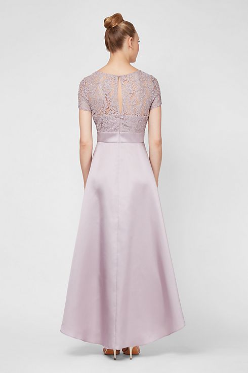 Short Sleeve Lace and Mikado High-Low Gown Image 3