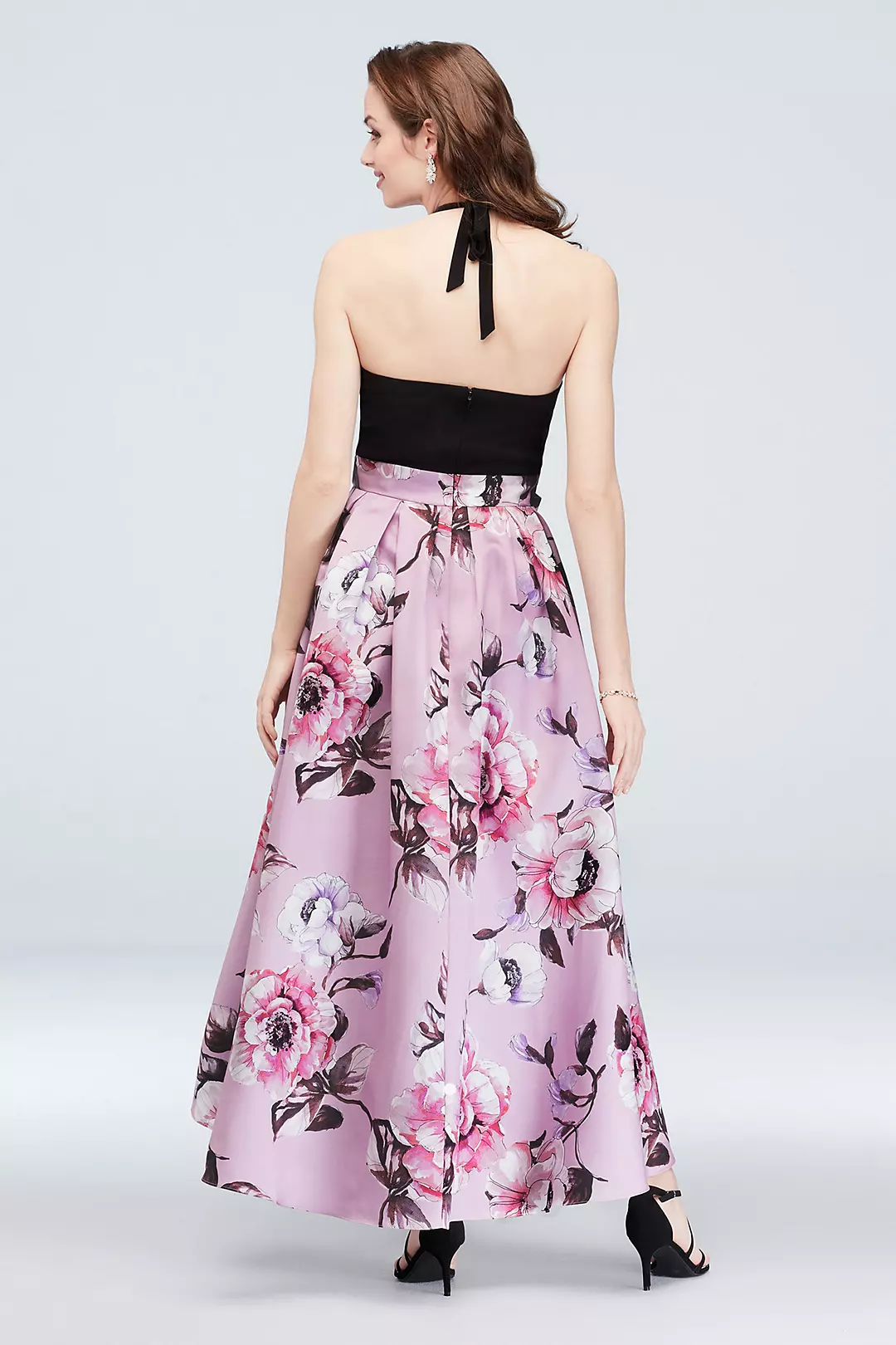 Halter Nigh-Neck Gown with Floral High-Low Hem Image 2