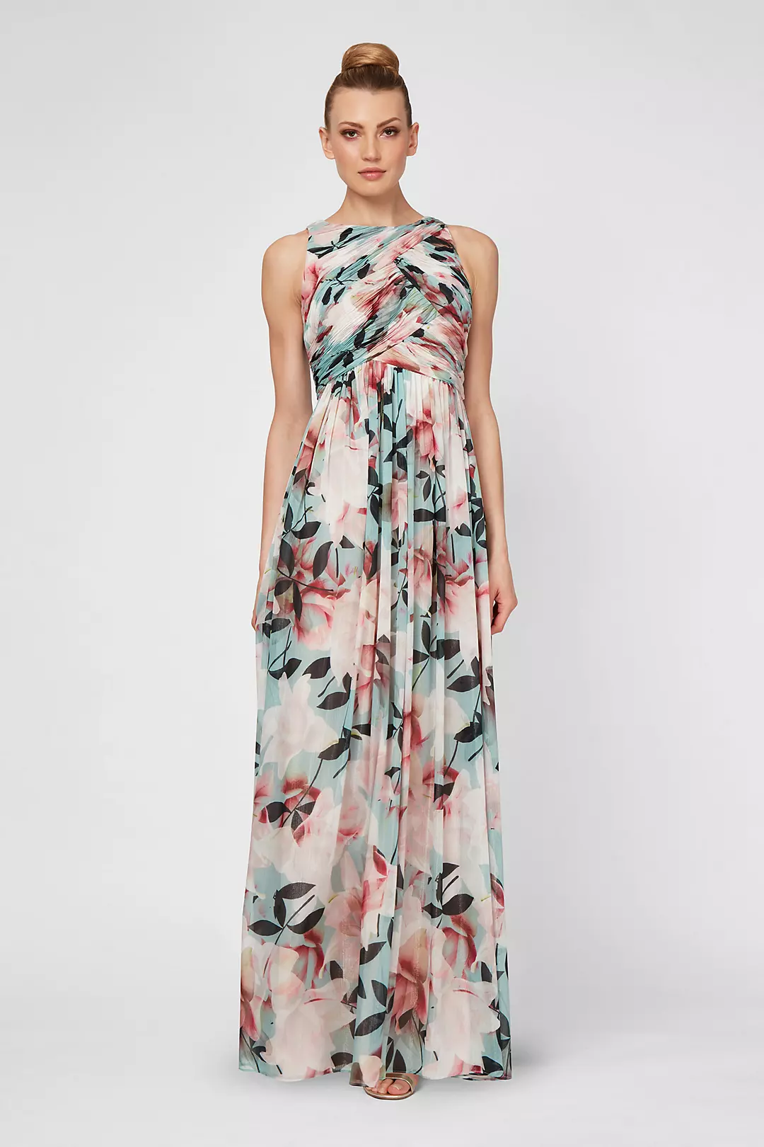 Printed Chiffon High-Neck A-line Ruched Dress Image