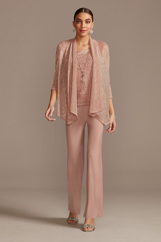 Metallic Crinkle Chiffon Three Piece Pant Suit Set