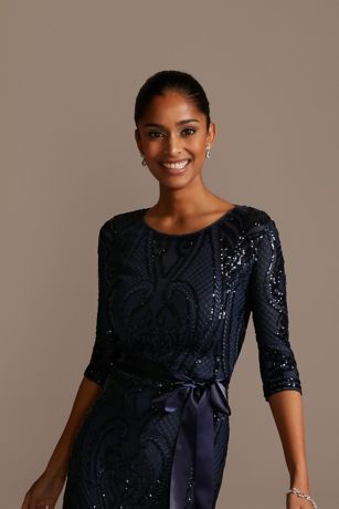 Sequin Damask Pattern Sheath Dress with Sash David's Bridal