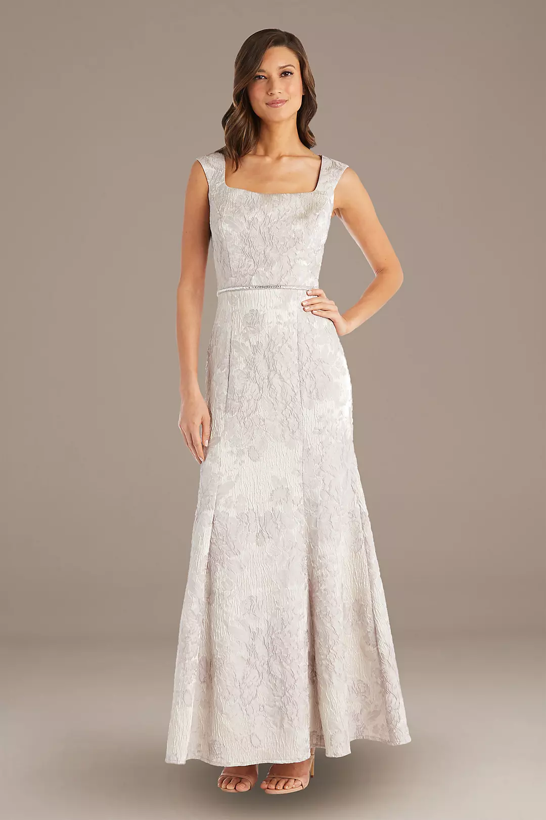 Brocade Square-Neck Sheath Gown with Cap Sleeves Image
