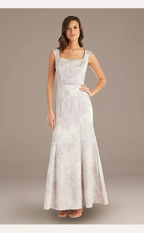 Brocade Square-Neck Sheath Gown with Cap Sleeves Image 1