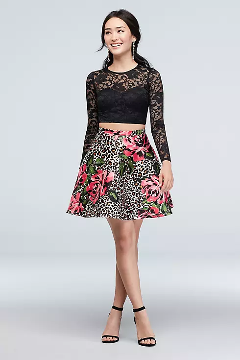 Sheer Lace Crop Top and Leopard Floral Skirt Set Image 1