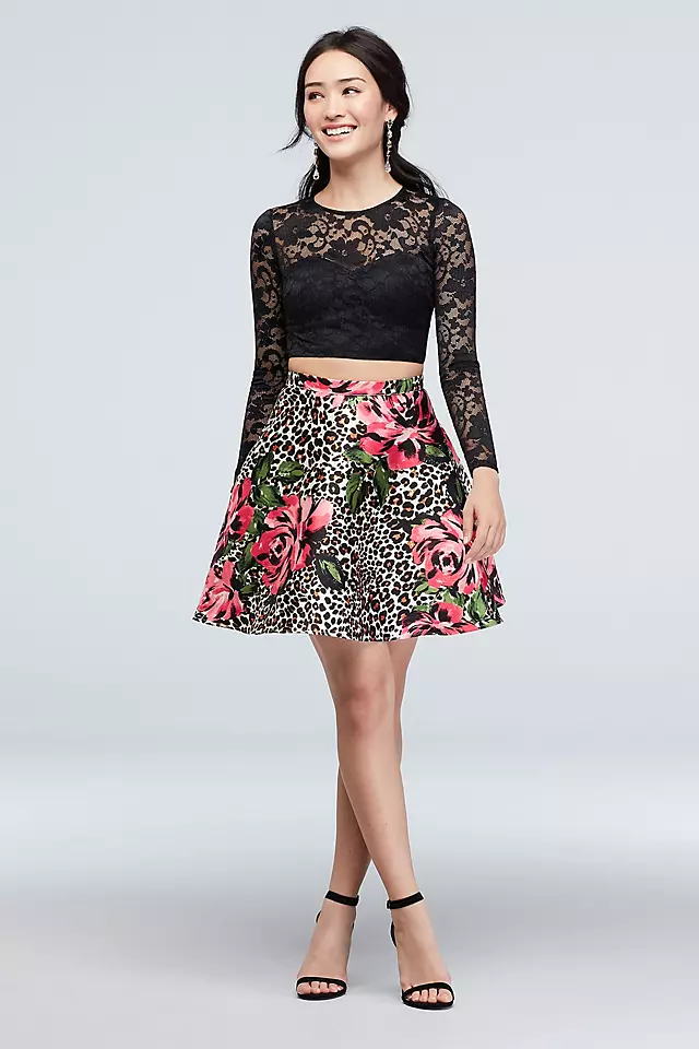 Sheer Lace Crop Top and Leopard Floral Skirt Set Image