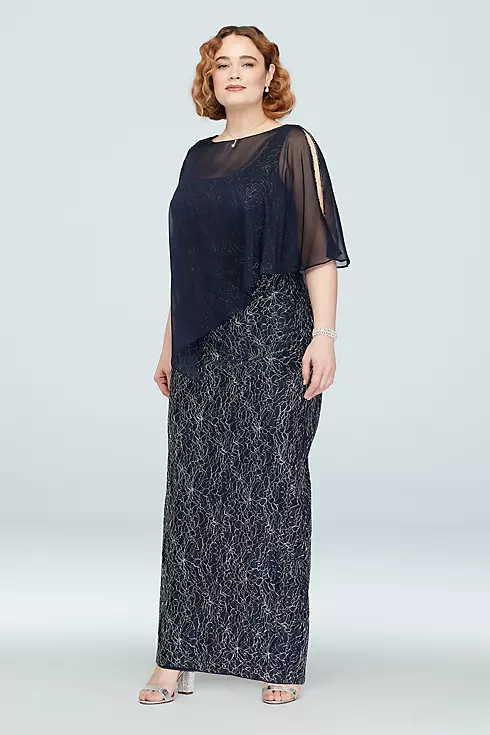 Scoop Neck Metallic Lace Gown with Beaded Capelet Image 1