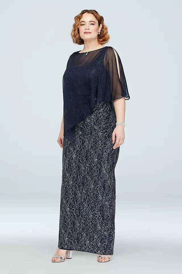 Scoop Neck Metallic Lace Gown with Beaded Capelet Image