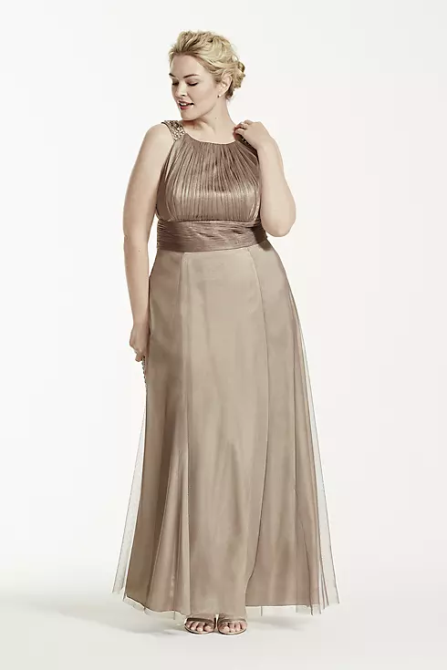 Iridescent Tulle Jewel Neck Gown with Ruched Waist Image 1