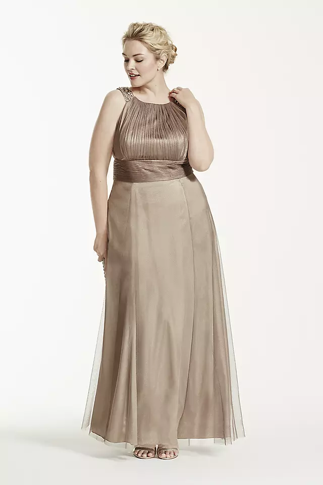 Iridescent Tulle Jewel Neck Gown with Ruched Waist Image