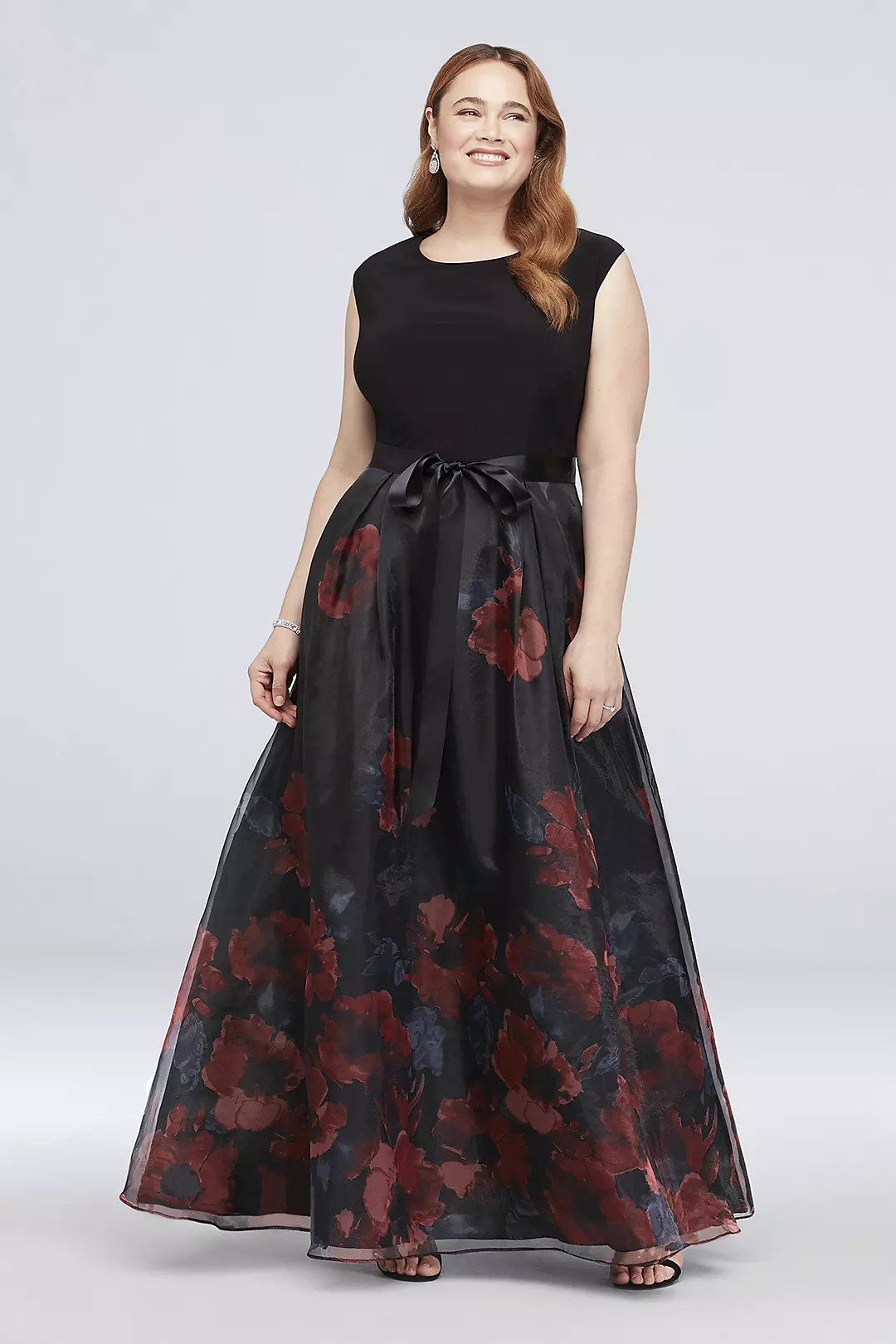 Cap Sleeve Floral Organza Ball Gown with Bow Image