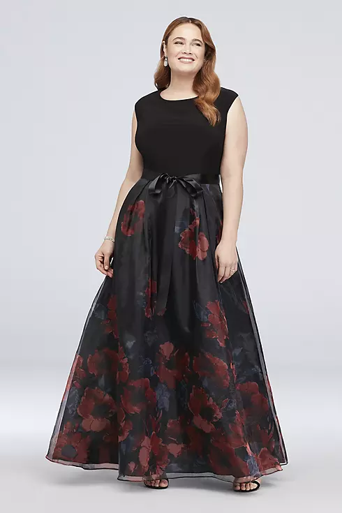 Cap Sleeve Floral Organza Ball Gown with Bow Image 1