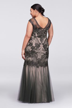 Appliqued Illusion Mermaid Gown with Tulle Skirt | David's Bridal