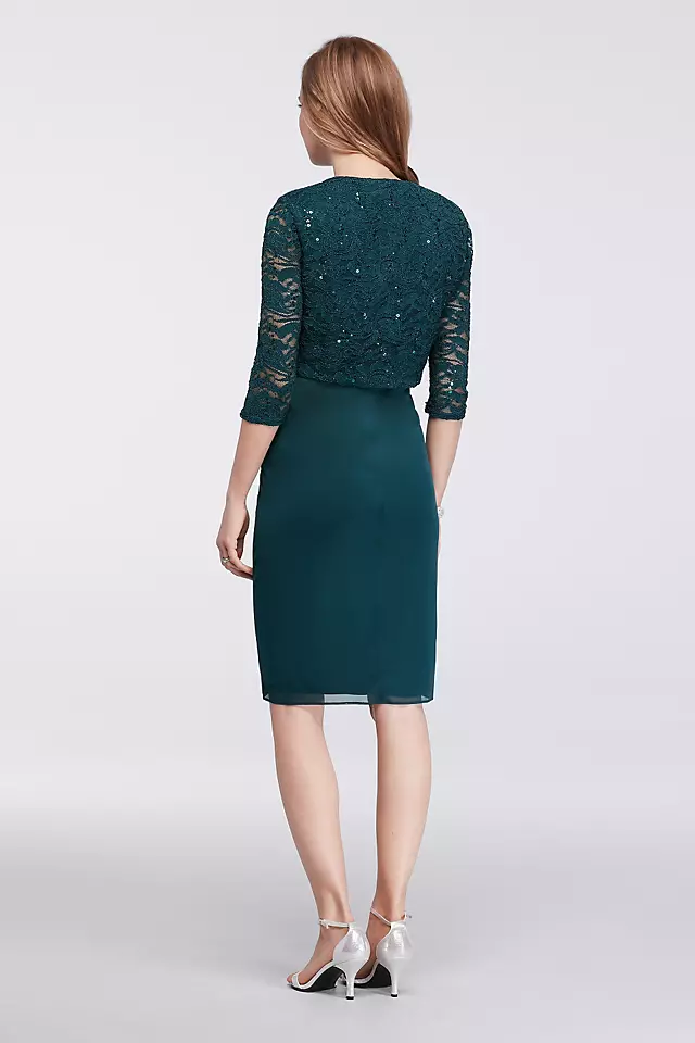 Chiffon and Glitter Lace Jacket Dress with Brooch Image 2