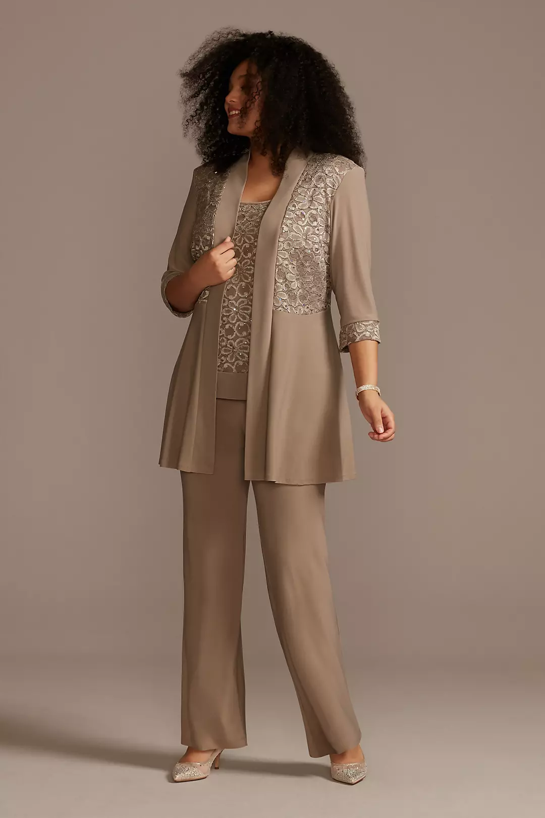 Mock Two Piece Top Lace and Jersey Pant Suit Image