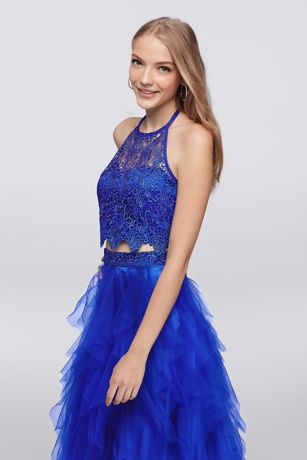 Lace Crop Top and Ruffled Tulle Two-Piece Dress | David's Bridal