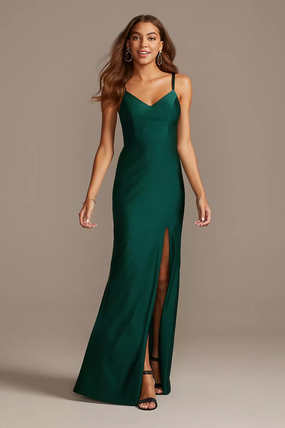 Double Strap Slip Dress with Lacy Back and Slit Image