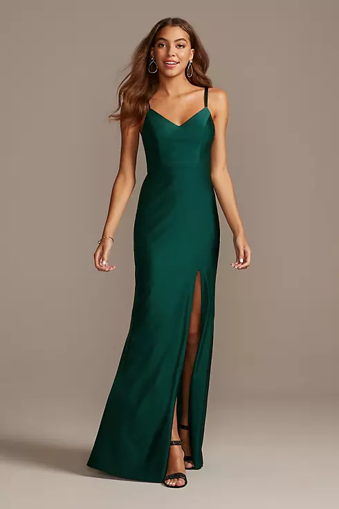 Double Strap Slip Dress with Lacy Back and Slit Image 1