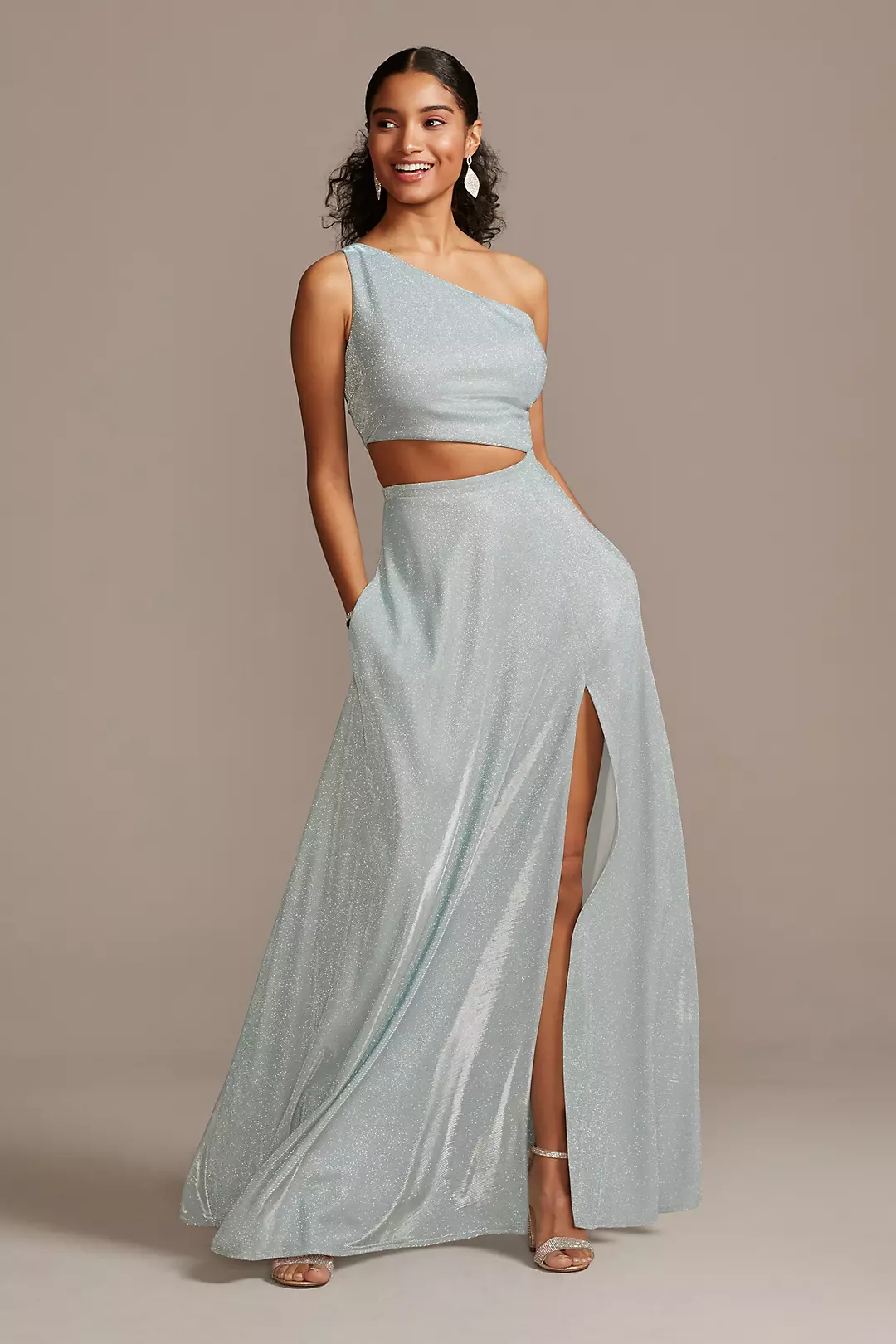 Iridescent Glitter One Shoulder Gown with Cutout Image